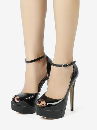 レディース ハイヒール プラットフォーム ピープトゥ アンクル ストラップ パンプス
