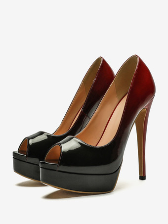 レディース ピープトゥ ヒール プラットフォーム スリッポン セクシー パンプス