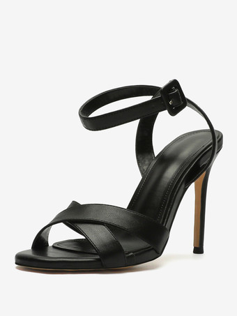 Black Black Heeled Sandals Open Toe Buckle Detail Stiletto Heel Sandals