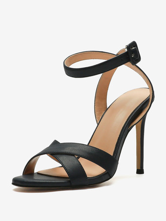 Deep Blue Black Heeled Sandals Open Toe Buckle Detail Stiletto Heel Sandals