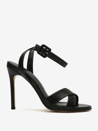 Black Heeled Sandals Open Toe Buckle Detail Stiletto Heel Sandals