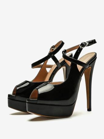 ブラック レディース ヒール サンダル ピープトウ スティレットヒール パテント PU アッパー サンダル