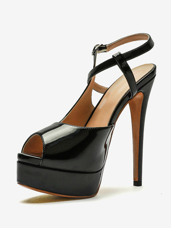 レディース ヒール サンダル ピープトウ スティレットヒール パテント PU アッパー サンダル