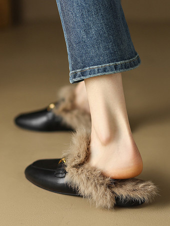 ブラウン レディース ミュール ローファー ラウンドトゥ 冬靴