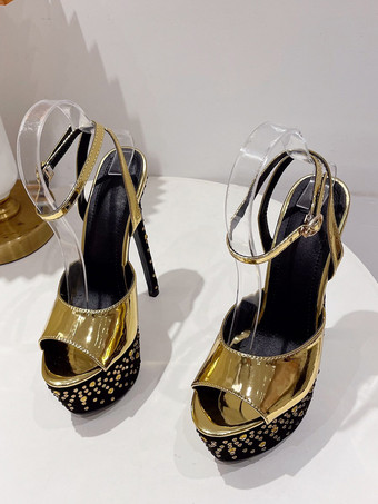 ゴールド ハイヒール セクシー サンダル ブラック PU レザー ピープトウ ハイ (3-3.9 インチ) セクシーな靴