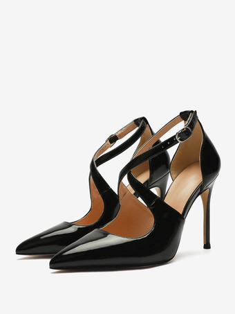 ブラック レディース ハイヒール プラス サイズ サース クロス スティレット ヒール パンプス