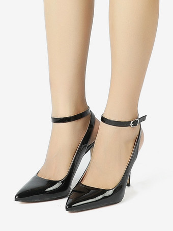 レディース ブラック ハイヒール ポインテッドトゥ スティレットヒール アンクルストラップ スリングバック パンプス