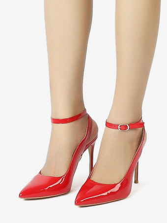 レディース ブラック ハイヒール ポインテッドトゥ スティレットヒール アンクルストラップ スリングバック パンプス