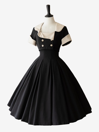クラシック ロリータ ドレス ポリエステル ノースリーブ ロリータ ドレス カラーブロック クラシック ブラック
