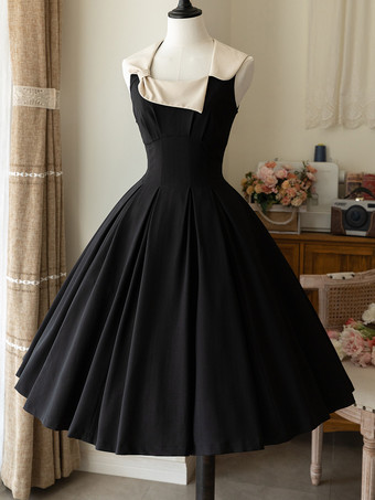 クラシック ロリータ ドレス ポリエステル ノースリーブ ロリータ ドレス カラーブロック クラシック ブラック