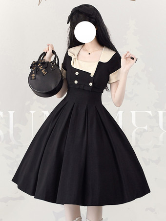 ブラック クラシック ロリータ ドレス ポリエステル ノースリーブ ロリータ ドレス カラーブロック クラシック ブラック