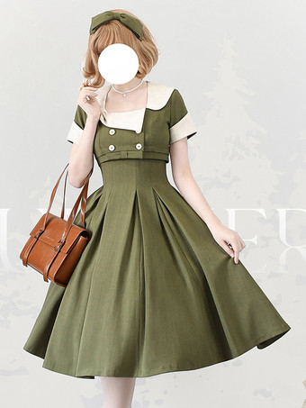 グリーン クラシック ロリータ ドレス ポリエステル ノースリーブ ロリータ ドレス カラーブロック クラシック ブラック