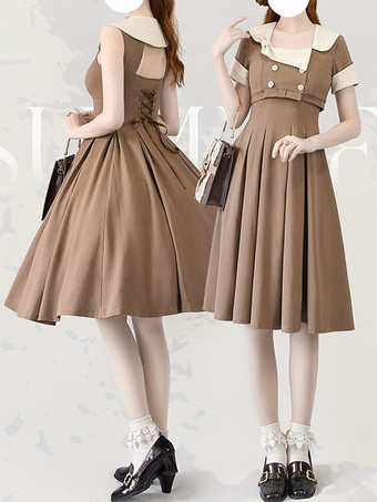 クラシック ロリータ ドレス ポリエステル ノースリーブ ロリータ ドレス カラーブロック クラシック ブラック