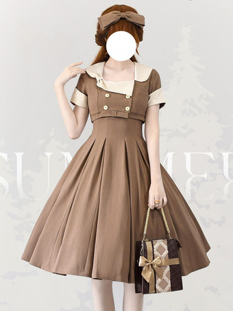 ブラウン クラシック ロリータ ドレス ポリエステル ノースリーブ ロリータ ドレス カラーブロック クラシック ブラック