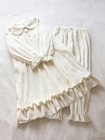 アイボリー ゴスロリ衣装 ライトブラウン リボン フリル 長袖 パンツ トップ
