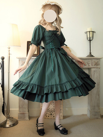 クラシック ロリータ ドレス ポリエステル 半袖 ロリータ ドレス クラシック ダークグリーン
