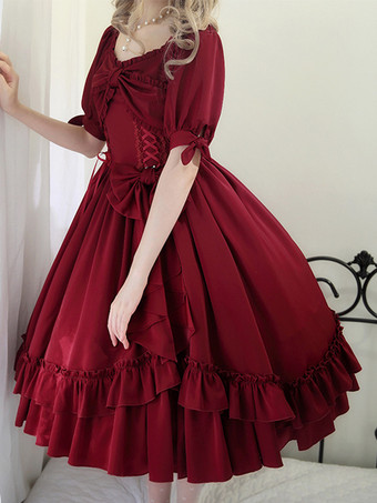 クラシック ロリータ ドレス ポリエステル 半袖 ロリータ ドレス クラシック ダークグリーン