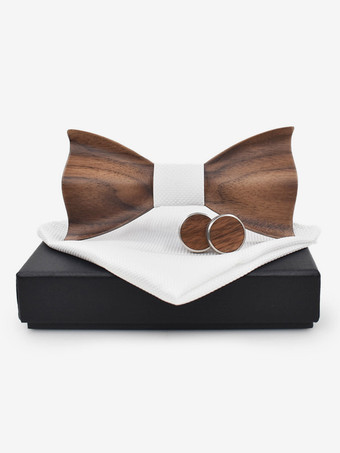Men's Classic 3D Embossed Wooden Wedding Prom Bow Tie Suit Plaid Square Scarf Cufflinks