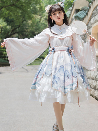 中国風ロリータドレス弓長袖ポリエステル中国風花柄ライトスカイブルー中国風ロリータ
