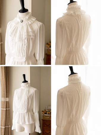 甘いロリータ ブラウス フリル ロリータ トップ 長袖ブラウス ホワイト ロリータ シャツ