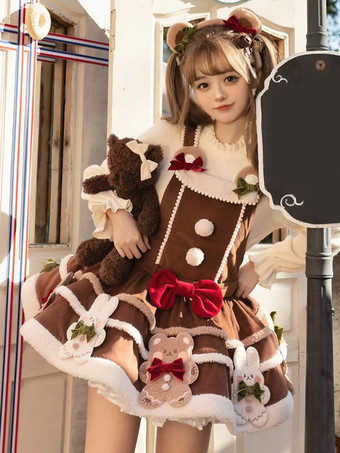 Braun Süßes Lolita-Kleid aus Polyester ärmellos süßes Pullover-Lolita-Kleid
