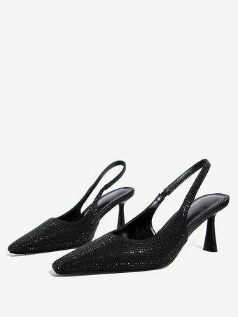 Black Black Party Shoes Women Rhinestones Stiletto Heel Slingback Pumps