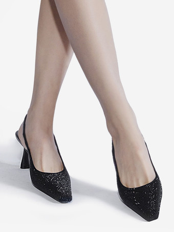 Black Party Shoes Women Rhinestones Stiletto Heel Slingback Pumps
