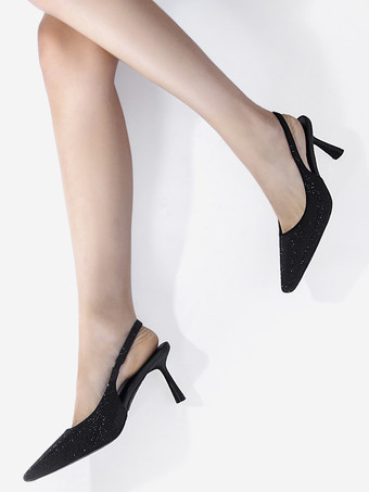 Black Party Shoes Women Rhinestones Stiletto Heel Slingback Pumps