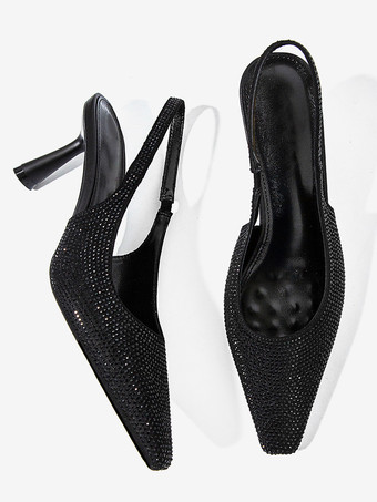 Black Party Shoes Women Rhinestones Stiletto Heel Slingback Pumps