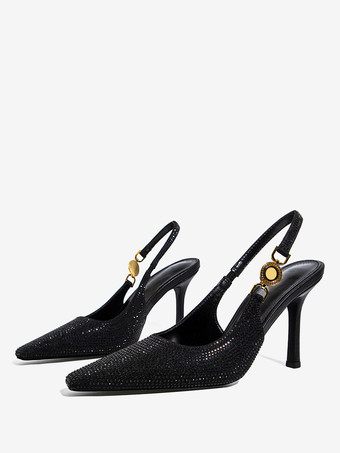 Женские черные туфли-лодочки на каблуке-шпильке со стразами и пяткой на пятке обувь для вечеринок