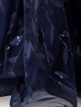 ディープブルーのスパンコールが入った、スウィートハートネックラインとオフショルダーのマキシ丈プロムドレス（2025年夏）