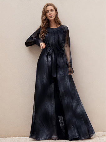 SchwarzA-Linien-Kleid Rundhalsausschnitt Gürtel lange Ärmel Boho-Maxikleider