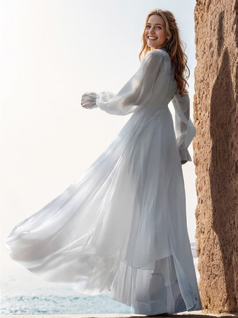 A-Linien-Kleid Rundhalsausschnitt Gürtel lange Ärmel Boho-Maxikleider