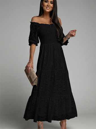 negro Vestido de encaje blanco con hombros descubiertos vestidos largos bohemios elegantes