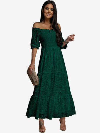 verde Vestido de encaje blanco con hombros descubiertos vestidos largos bohemios elegantes