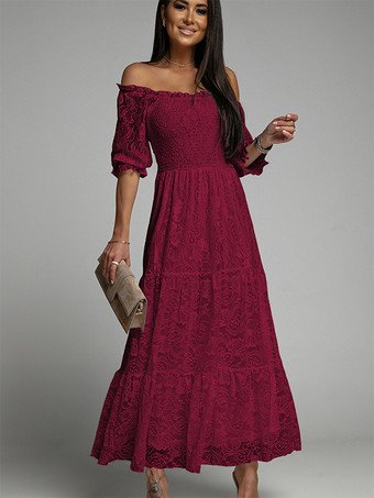 rojo Vestido de encaje blanco con hombros descubiertos vestidos largos bohemios elegantes