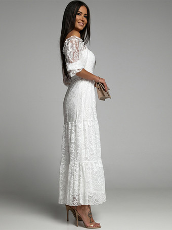 Vestido de encaje blanco con hombros descubiertos vestidos largos bohemios elegantes
