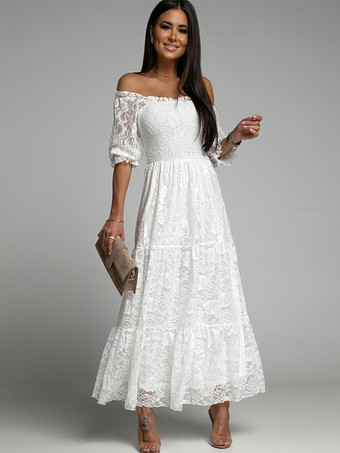 White Lace Dress Smock Off Shoulder Elegant Bohemian Long Dresses