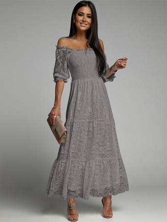 GrisVestido de encaje blanco con hombros descubiertos vestidos largos bohemios elegantes