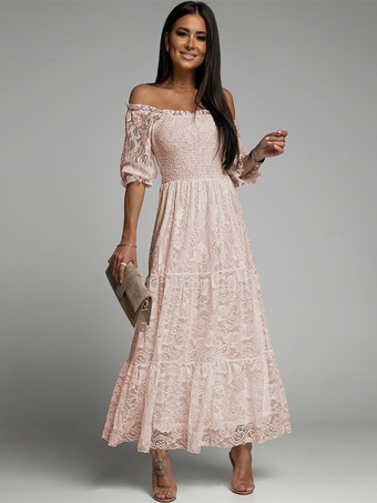 color albaricoque Vestido de encaje blanco con hombros descubiertos vestidos largos bohemios elegantes