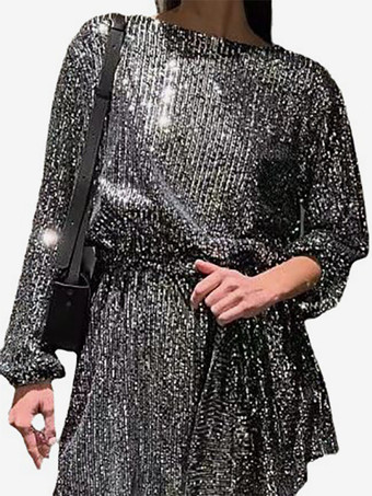 ダークグレー ルーズドレス ボートネック ベルト付き 長袖 誕生日パーティー ショートドレス