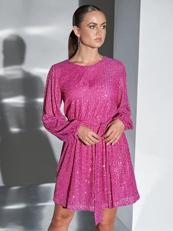 ローズレッドルーズドレス ボートネック ベルト付き 長袖 誕生日パーティー ショートドレス