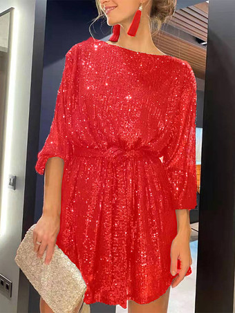 レッド ルーズドレス ボートネック ベルト付き 長袖 誕生日パーティー ショートドレス