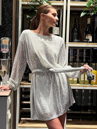 シルバー ルーズドレス ボートネック ベルト付き 長袖 誕生日パーティー ショートドレス