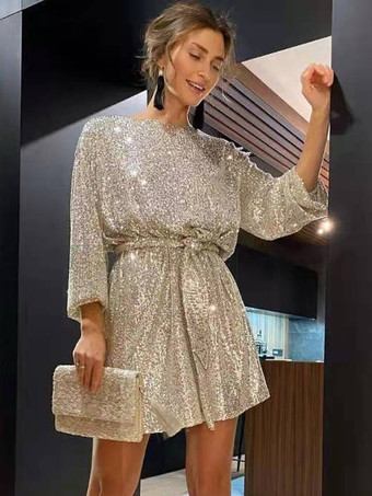 シャンパンカラールーズドレス ボートネック ベルト付き 長袖 誕生日パーティー ショートドレス