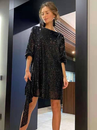 ルーズドレス ボートネック ベルト付き 長袖 誕生日パーティー ショートドレス