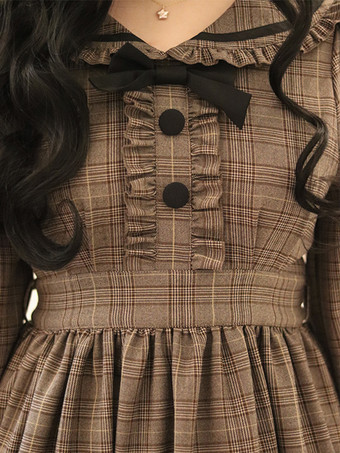 クラシックロリータドレスポリエステルフリル長袖ロリータドレスチェック柄アカデミックディープブラウン