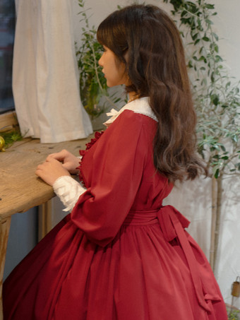 クラシックロリータドレス ポリエステル フリル ロリータドレス 長袖 クラシック ベイビーブルー