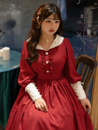 クラシックロリータドレス ポリエステル フリル ロリータドレス 長袖 クラシック ベイビーブルー