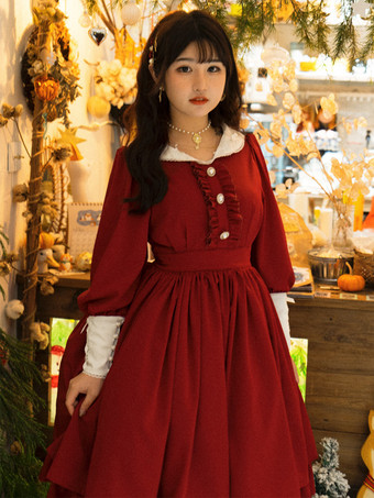 クラシックロリータドレス ポリエステル フリル ロリータドレス 長袖 クラシック ベイビーブルー